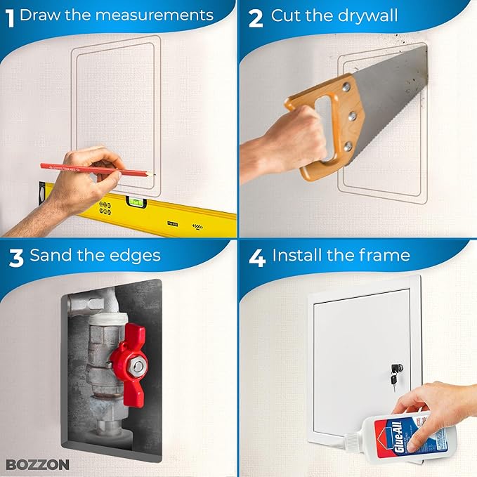 BOZZON Access Panel for Drywall 12 x 12 inch – Metal Door with Key Lock, 18 GA Steel Frame, Wall Hole Cover, Plumbing Access Door, White