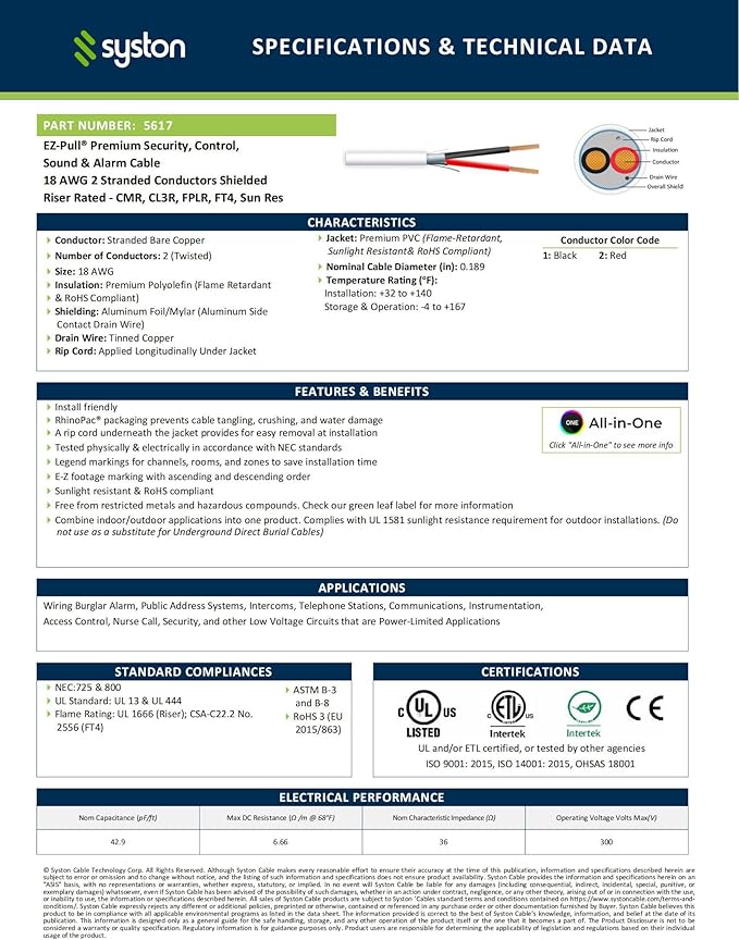 SYSTON 18/2 Fire Security Burglar Station Sound Alarm Control Cable Wire, Riser-Rated CMR/CL3R Shielded 100% Copper Stranded UL/ETL,UV Resistant RoHS for Indoor/Outdoor Low Voltage Applications Use
