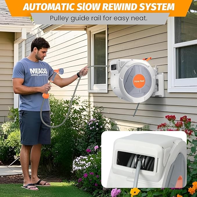 Retractable Garden Hose Reel 5/8 in x 100 Ft, EliteEdge Wall Mounted Garden Hose Reel, with 9 Function Sprayer Nozzle, Any Length Lock, Lock/Automatic Slow Return System, 180° Swivel Bracket