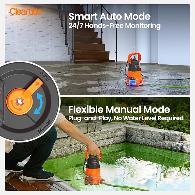 Cleartide Submersible Sump Pump with Smart Water Sensor, 1/3 HP 2790GPH High-Capacity Utility Pump, Auto and Manual Mode Handles 3/8" Solids, for Pool, Basement, Garden Drainage