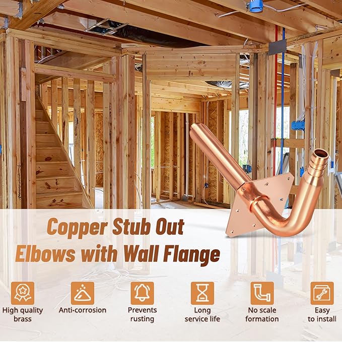 Pack of 10 Copper Stub Out Elbows with Wall Flange Stub Out 1/2’’-8inch Lengh- Easy to Install, Lead-Free-PEX-B,C Stub Out Accessories,Barb Crimp PEX-B Copper Stub Out Elbow with Wall Flange