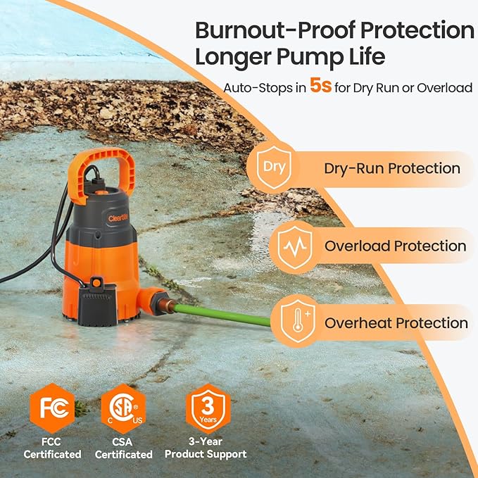 Cleartide Submersible Sump Pump with Smart Water Sensor, 1/3 HP 2790GPH High-Capacity Utility Pump, Auto and Manual Mode Handles 3/8" Solids, for Pool, Basement, Garden Drainage