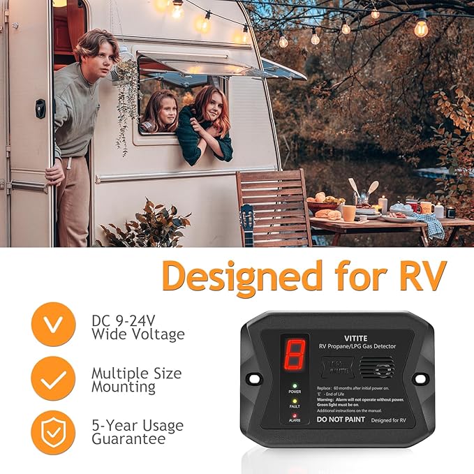 RV Propane Gas Detector, VITITE Digital RV LP Gas Alarm, Hardwired - VDC 12V, Flush & Surface Mount, with 3 Brackets