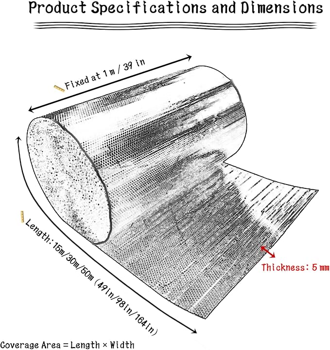 5mm Double-Sided Aluminum Foil Bubble Insulation - Self-Adhesive, Flame Retardant, Thermal Moisture Barrier, Waterproof, for Pipes, Roof, Walls(Size:5㎡,Color:Fixed Width 1m)