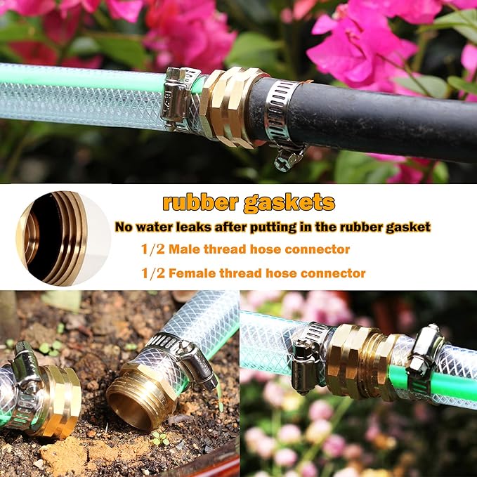 Garden Hose Repair Connector with Clamps Hose End Repair Kit, 1/2"Barb Garden Hose Fittings Male and Female brass garden hose ends (1/2"Barb-2 Set)