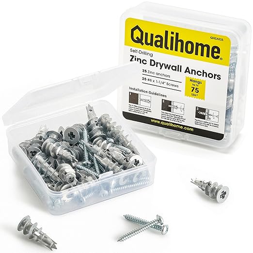 Qualihome Zinc Self Drilling Drywall Anchor Hollow Wall Anchor Kit With Screws - Metal Self Drilling Drywall Anchors With Wide Screw Fins - #8 Zinc Drywall Anchors Heavy Duty (25 Pack)