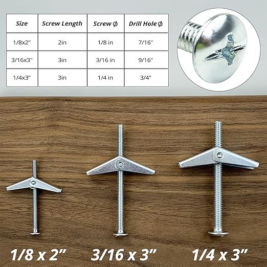 HASWARE Toggle Bolt 29 Pcs Zinc Plated Steel 1/8",3/16",1/4" and Wing Nut Assortment Kit for Hanging Heavy Items on Drywall