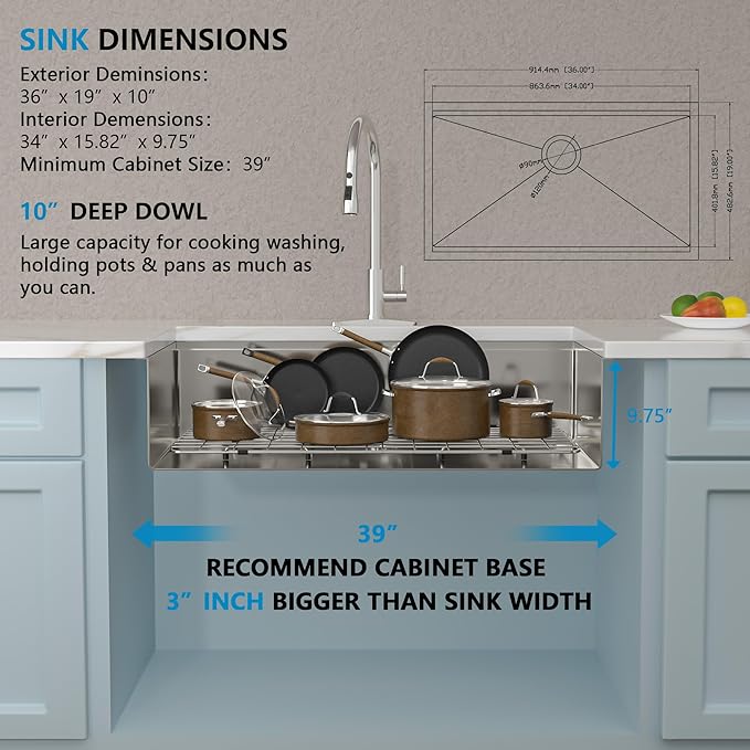 36 Undermount Kitchen Sink - Fulorni 36"x19" Kitchen Sink Ledge Workstation Under Counter 16 Gauge 304 Stainless Steel Large Single Bowl Basin