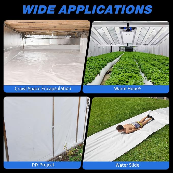 White Crawl Space Vapor Barrier, 16 Mil Vapor Barrier, 10' x 50', White Thick Plastic Sheeting, Heavy Duty Polyethylene Film, White Plastic Drop Cloth Covering for Crawlspace, Basement