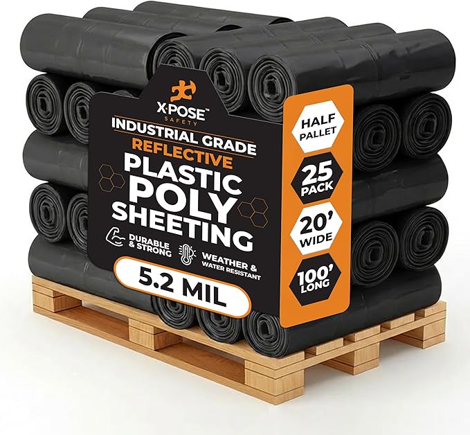 Xpose Safety Black Plastic Sheeting (Bulk Half Pallet 25 Pack) – 20' x 100' Rolls – Heavy Duty 5.2 Mil Poly Sheet – Waterproof, Dustproof, Vapor Barrier – for Construction, Painting, Industrial Use
