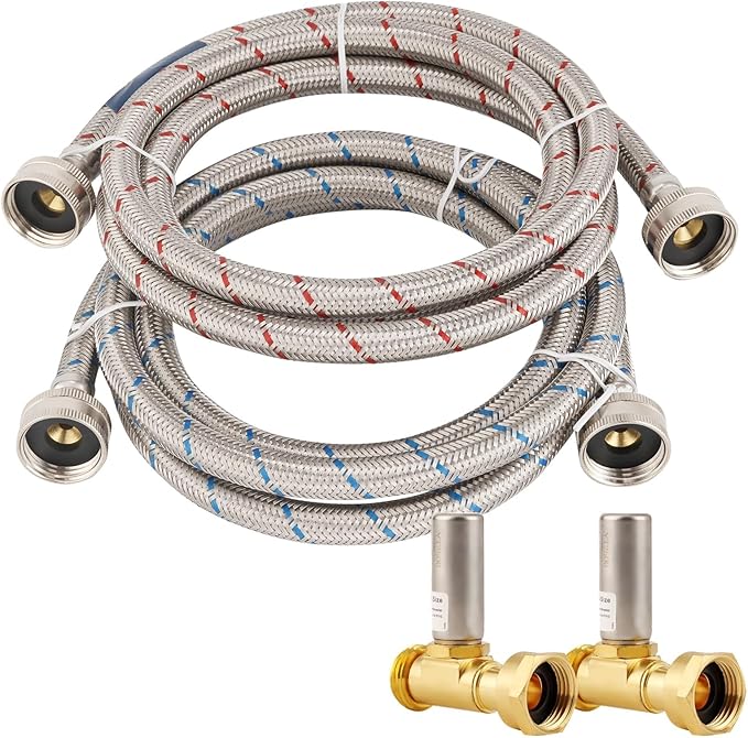 10 FT Stainless Steel Washing Machine Hoses with Water Harmmer,2 Pack Red and Blue Washer Hoses,Burst Proof Hot & Cold Water Connection Inlet Washer Supply Lines