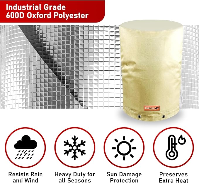 Redford Supply Co. Cold Snap (5°F) Round Pressure Tank Cover Insulation, 24"Diameter x 34"H, Water Well Tank Covers Insulated, Well Pump Cover Insulated Freeze Proof for Winter Outdoor (Beige)