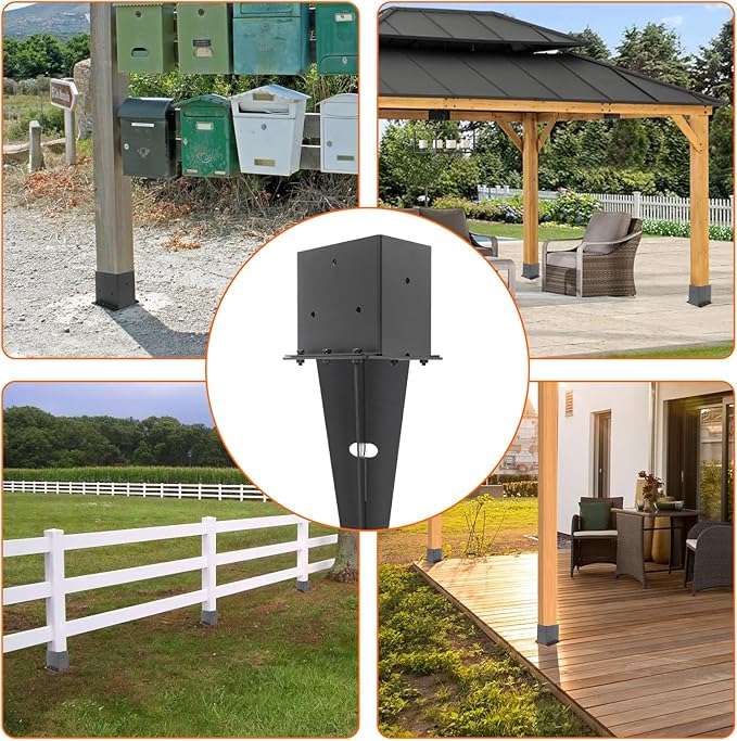 4 Set 4"x 6" Fence Post Anchor Ground Spike, 22" Heavy Duty Metal Fence Stake Post Bases (Inner Size 3.6"x5.6") with Black Powder Coated for Fence, Deck, Railing, Mailbox and Porch