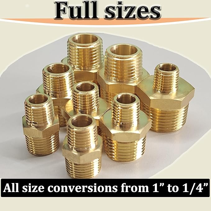 2PCS NPT Male Threaded Reducing Nipple Pipe Fitting Adapter, Brass Hex Nipple Reducer, Heavy Duty Pipe Reducer Straight Connector (3/8" x 1/4")