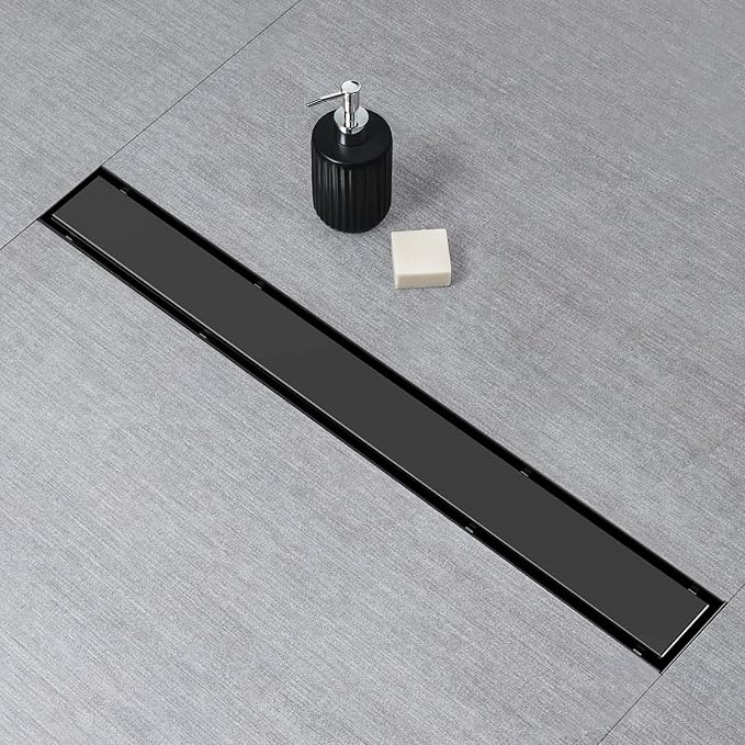 SaniteModar Linear Shower Drain, Black Linear Drain 36 inch with Flat and Tile Insert 2 in 1 Panel, AISI 304 Stainless Steel Black Shower Floor Dain with Hair Strainer and Leveling Feet