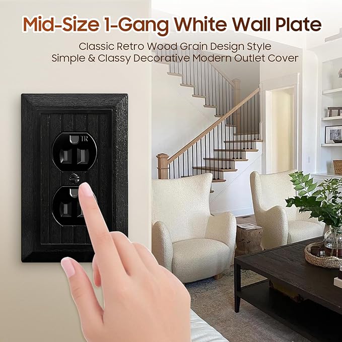 4-Pack Black Outlet Covers Plate, Classic Retro Wood Grain Design Style, Modern Decorative Electric Receptacle Light Switch Cover Plates (1-Gang Duplex Mid-Size)