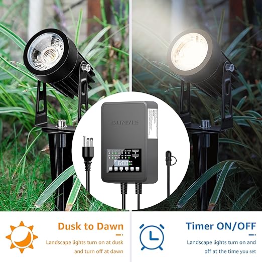 SUNVIE 200W Low Voltage Landscape Transformer with 2 Independent Control Output Landscape Lighting Transformer with Timer and Photocell Sensor 120V AC to 12/14V AC Weatherproof Low Voltage Transformer