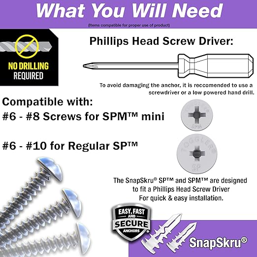 TOGGLER 57125 Self Drilling Snapskru Drywall Anchors with Screw 50-Pieces Pack