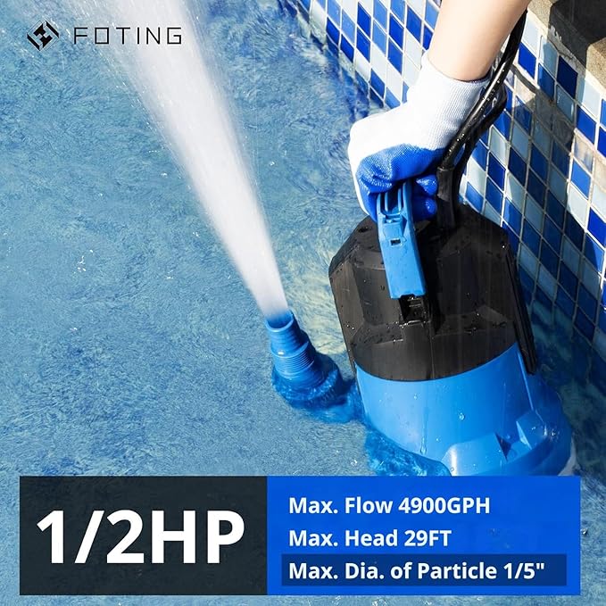FOTING 4900GPH Sump Pump Automatic & Maunal,Drian Up to 0.04",with Float Switch,Big Flow Clean & Dirty 1/2HP Submersible Water Pump,10FT Electric Utility Pump for Pool Draining Hot Tub Garden Basement