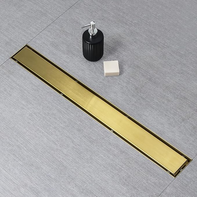 SaniteModar Linear Shower Drain, Gold Shower Drain 30 inch with Invisible 2 in 1 Tile Insert Panel, 304 Stainless Steel Brushed Gold Shower Drain with Hair Strainer and Leveling Feet