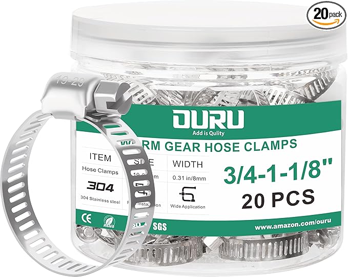 20PCS Hose Clamps Stainless Steel Adjustable 3/4"–1-1/8"(19-29mm) Worm Gear Hose Clamp, Heavy Duty Metal Small Hose Clamps for Automotive, Pipe, Radiator Plumbing, Fuel Line