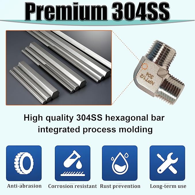 2pcs 90 Degree Street Elbow, 304 Stainless Steel Forged Barstock Street Elbow Adapter, Heavy Duty 1/4" NPT Male x 1/4" NPT Male Pipe Fitting Connector, 5800PSI (1/4" MNPT x 1/4" MNPT)