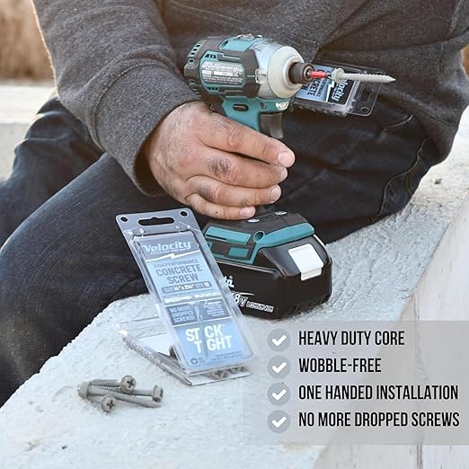 Velocity 2 1/4 Concrete Screws Set (Hex Head, 1/4") – Includes 12 High-Performance Masonry Screws PCS, Stick Tight Technology, 1 PSD ACR Drive Bit and 1 Carbide Concrete Drill Bit
