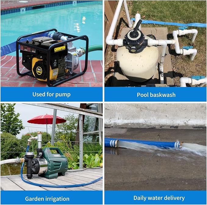 2" x 100' Heavy Duty Discharge Hose Blue PVC Backwash Hose for Swimming Pools, Reinforced Pool Drain Hose with Aluminum Camlock C and E Fittings, Cam Lock Fitting Type F included