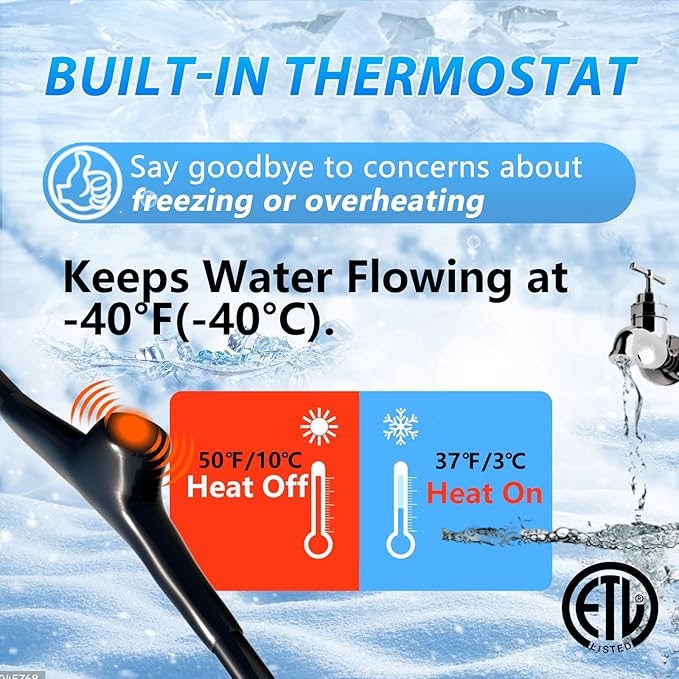 HEATIT 5JHSF 18Ft High-performance Heat Trace for Pipes, Pre-assembled Self Regulating Heat Cable for Reliable Freeze Protection Protect Metal, Plastic Home Pipes and RV, ETL Listed, 120V