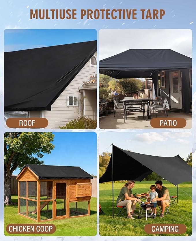 HIRALIY 20 Mil Heavy Duty Waterproof Tarp, 10.5x20ft Black Tarpaulin with Reinforced Webbing Loops, Multipurpose Oxford Fabric Tarp for Firewood, Roof, Camping, Pool