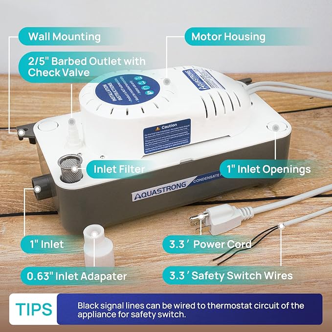 Aquastrong 1/30 HP 95 GPH HVAC Condensate Pump, 115V/230V, Automatic Safety Switch, AC Condensate Removal for Air Conditioner, Furnace, Dehumidifier, 3.3' Power Cord