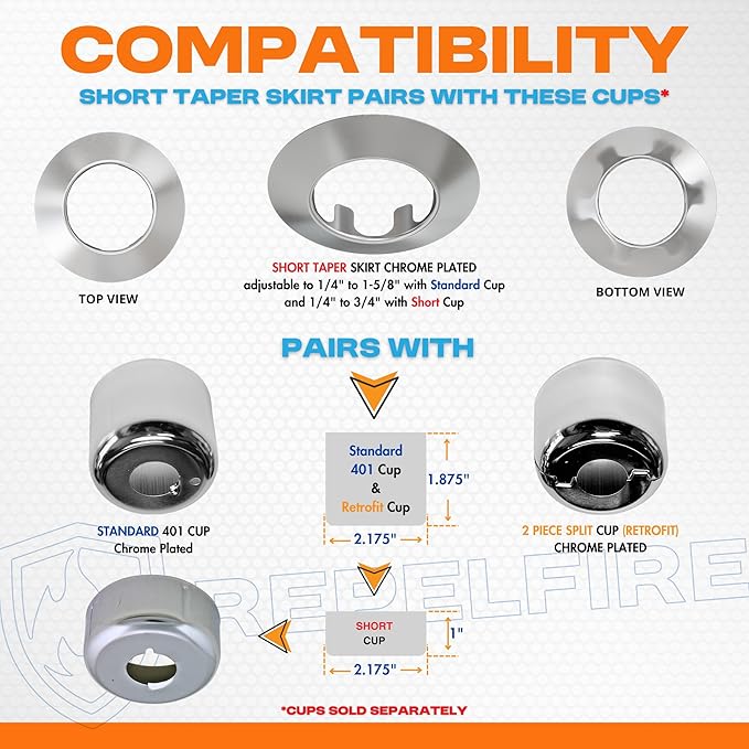 Fire Sprinkler Escutcheon Skirt, Short TAPER Escutcheon Pendant Skirt Chrome Plated, Works with Standard 401 Style Cup, Short Cup, and Retrofit 2 Piece Cup, Fire Sprinkler Skirt