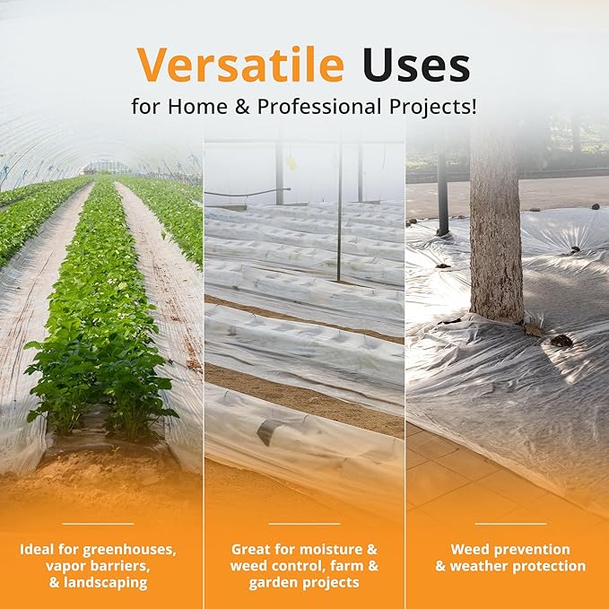 PRIMAX 6 mil Plastic Sheeting (10'x25') – Waterproof, UV Resistant, Heavy Duty Thick Plastic Sheeting Roll for Greenhouse, Farm, Agriculture, Gardening, Construction, Vapor Barrier Covering, Opaque