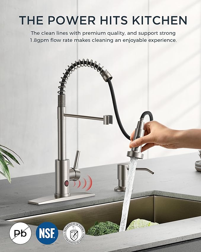 FORIOUS Touchless Kitchen Faucet Brushed Nickel, Smart Motion Sensor Spring Sink Faucet with Pull Down Sprayer Commercial Contemporary Hands-Free for Pot Filler, Farmhouse Camper Laundry Camper