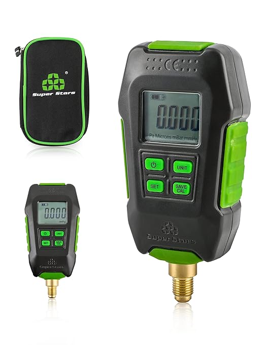 Digital Micron Vacuum Gauge 1/4" SAE, Digital Pressure Tester Meter HVAC, Alarm Notice, Temp Compensation, LCD Display, 4 Units