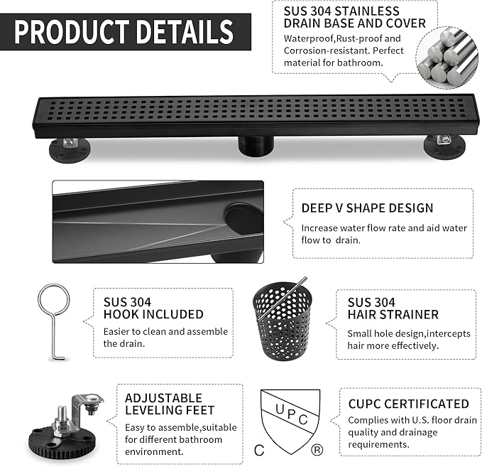 Linear Shower Drain 32 Inch Rectangular, SUS-304 Stainless Steel Black Shower Drain, 51L/Min Fast Drainage Floor Linear Drain, US Standard CUPC Certified, Matte Black, SD-112-32B