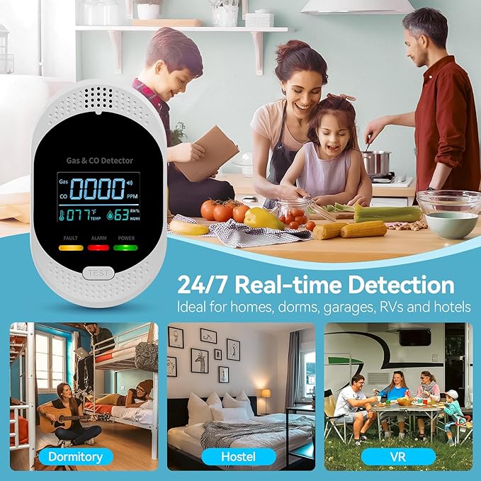 Plug in Carbon Monoxide Detector Combustible Gases Detectors,4-in-1 Co & Natural Gas Alarm Detectors with Temperature and Humidity Display,Clear LCD Screen Sound Light Dual Alarm for Home Travel RV