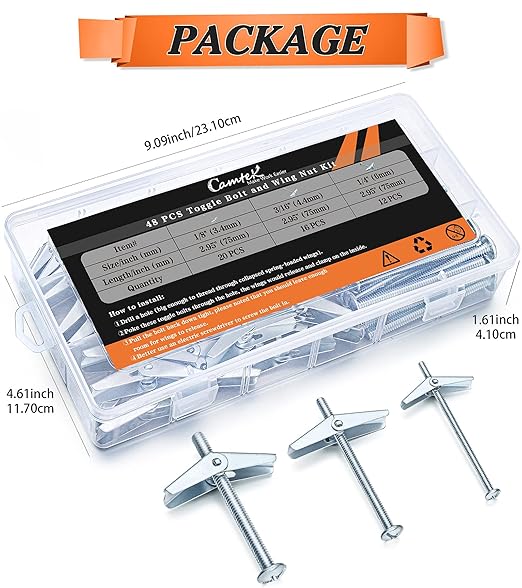 48PCS Toggle Bolt and Wing Nut Set, Hollow Wall Anchors, 1/8", 3/16", 1/4", Zinc Plated Steel Phillips Round Head Toggle Bolt and Wing Nut Assortment Kit for Hanging Heavy Items on Drywall