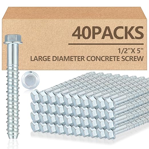 Tandefio 40 Pack 1/2" x 5" Concrete Screw Anchor Galvanized Large Diameter Heavy Duty Plated Concrete Anchors for Masonry Brick Anchoring Block Decking Framing Hex Drive