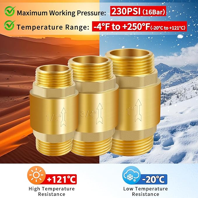 Boltigen 2Pcs 1/2in NPT Spring Check Valve, Brass Non Return One Way Check Valve, Vertical Inline Water Backflow Preventer for Well, Pump, Tank (1/2" Male x 1/2" Male(DN15))