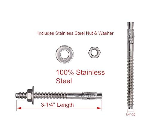Bolt Dropper 1/4" X 3-1/4" Wedge Anchor (10pc), 18-8 Stainless Steel