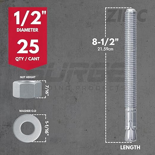 1/2" x 8-1/2" Zinc-Plated Wedge Anchors for Concrete and Cement | Heavy-Duty 1/2 Concrete Anchor Bolts (Box of 25)