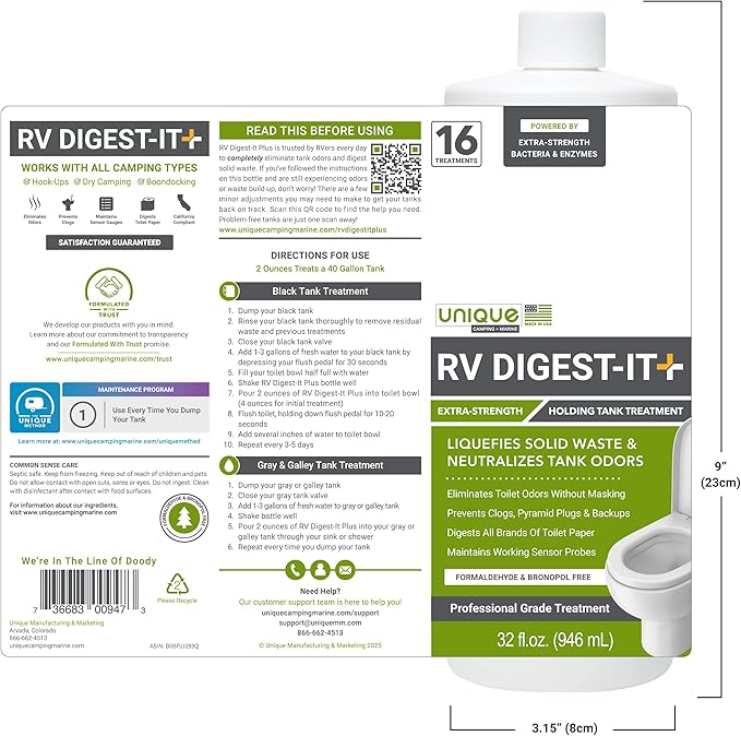 Unique RV Digest-It+, Extra-Strength RV Toilet Treatment - Liquifies Waste and All Brands of Toilet Paper - Odor Eliminator (32 oz)