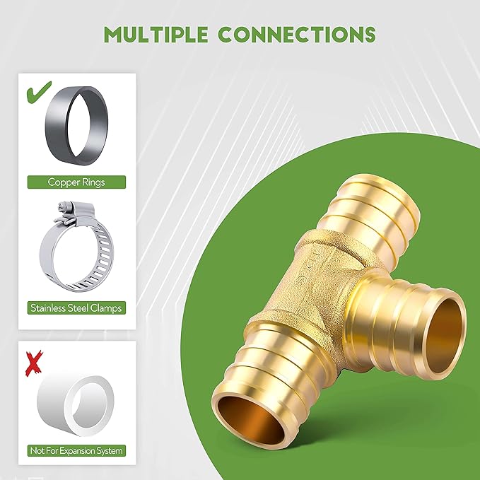1/2 inch T PEX Tee 1/2" x 1/2" x 1/2" (pack of 8) Lead-Free Brass Barb Crimp Pipe Fitting/Fittings