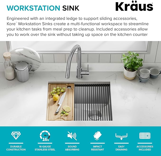 KRAUS Kore 23-Inch Undermount Workstation 16 Gauge Single Bowl Stainless Steel Kitchen Sink with Accessories, KWU111-23