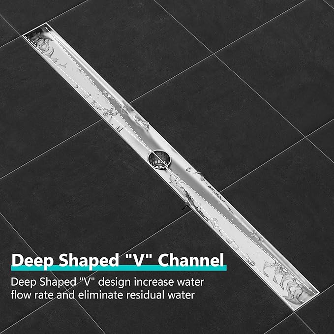 Neodrain 60-Inch Linear Shower Drain with Quadrato Pattern Grate, Professional Brushed 304 Stainless Steel Rectangle Shower Floor Drain Manufacturer, Linear Drain with Leveling Feet,Hair Strainer
