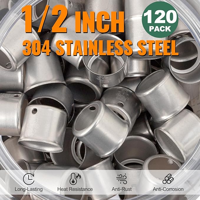 120 Pack 1/2" Pex Stainless Steel Press Sleeves, SUNGATOR 1/2'' Press Sleeves for 1/2 Inch Pex Pipe, Brass or Poly PPSU Pex Fittings