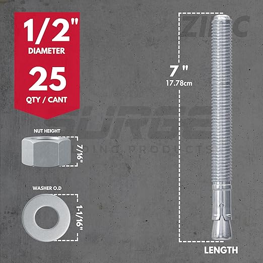 1/2" x 7" Zinc-Plated Wedge Anchors for Concrete and Cement | Heavy-Duty 1/2 Concrete Anchor Bolts (Box of 25)