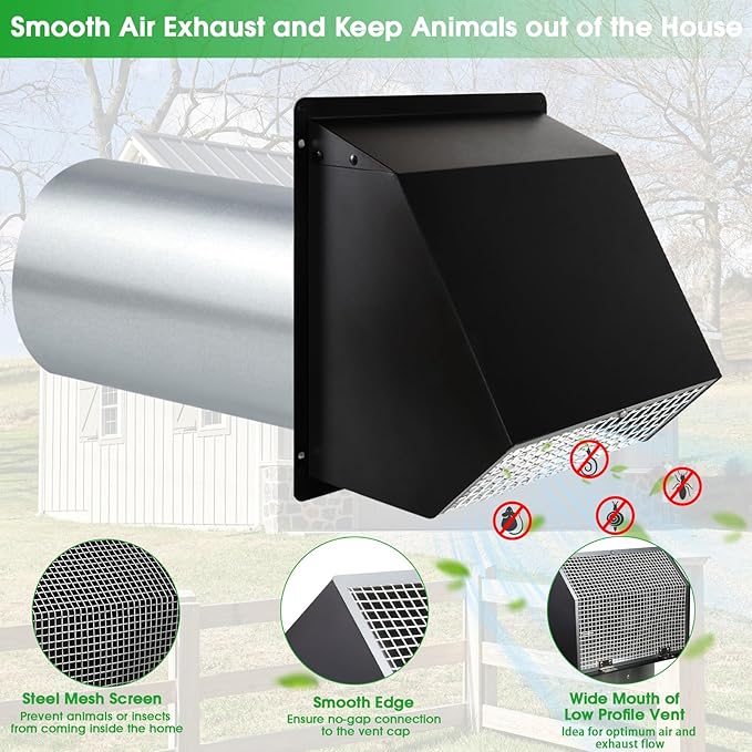 3 Inch Dryer Vent Cover Wall Vent Hood with Screen and Damper,Outdoor Dryer Vent Covers Outside Exhaust Vent Cover for Duct Air Ventilation,Wall Mount Extractor Vent Cap,Galvanized Steel,Black