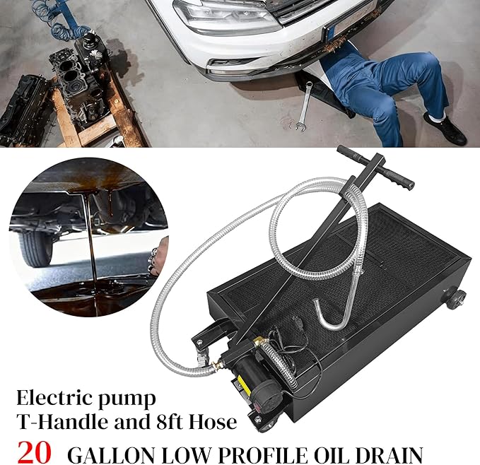 20 Gallon Oil Drain Pan with Electric Pump, Low-Profile Oil Pans for Changing Oil, T-Handle and J-Hook Makes Drain Easier, Black